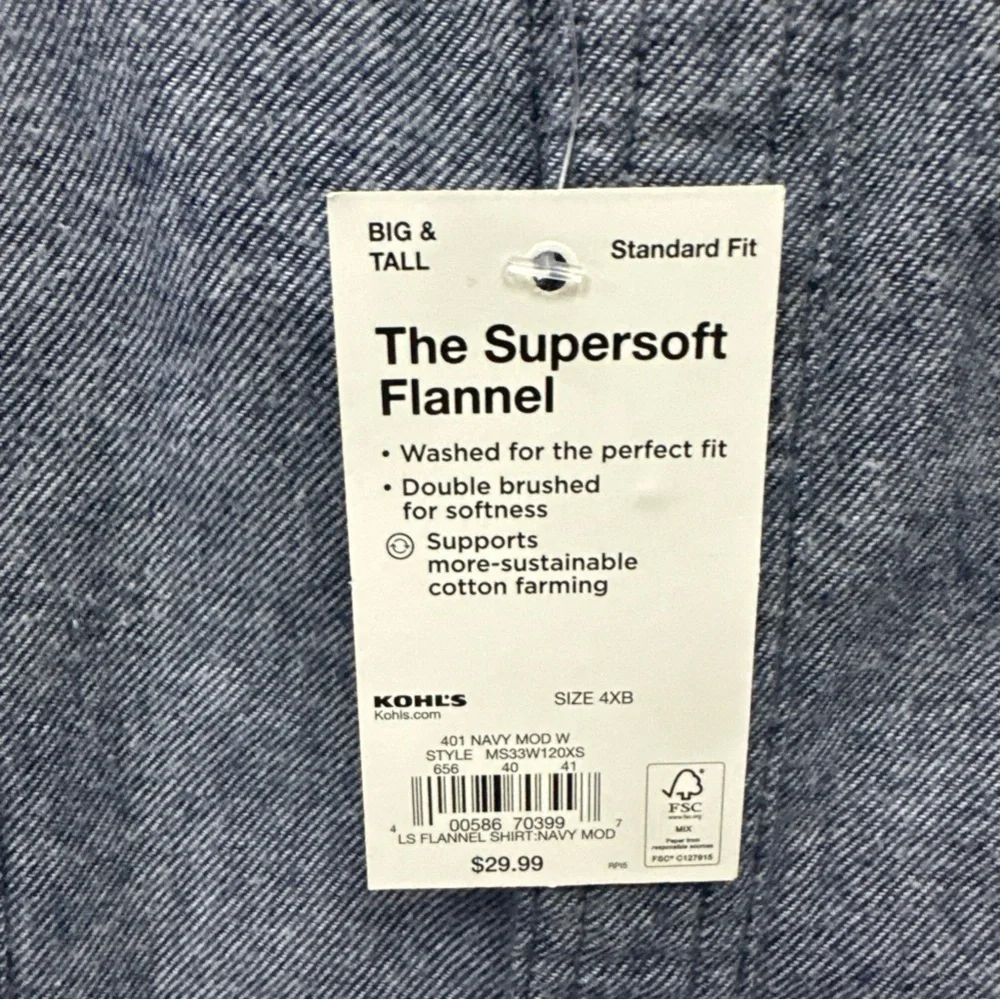 MEN'S SONOMA SIZE 4XB LONG SLEEVE FLANNEL BUTTON FRONT SHIRT WITH CHEST POCKETS